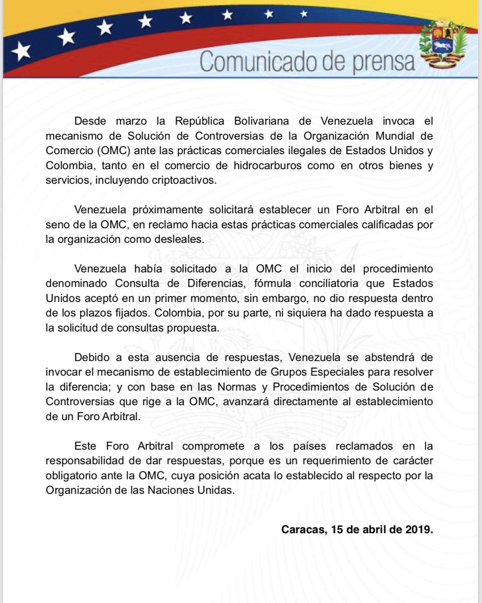 Venezuela denounces to the World Trade Organization (WTO) the illegal commercial practices of the US and Colombia and will soon request an Arbitration Forum.