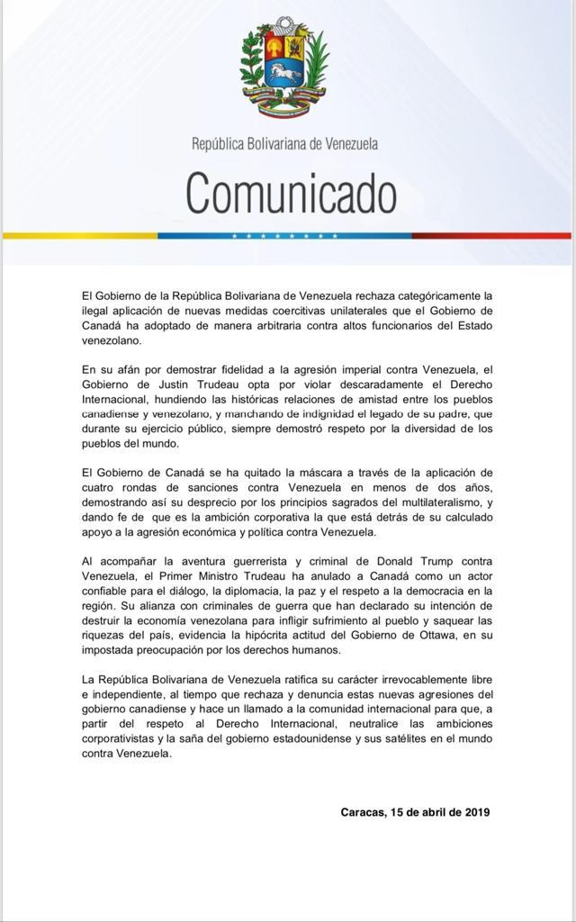 Jorge Arreaza: The Government of the Bolivarian Republic of Venezuela categorically rejects the illegal application of new unilateral coercive measures that the government of Canada has arbitrarily adopted against high officials of the Venezuelan State.
