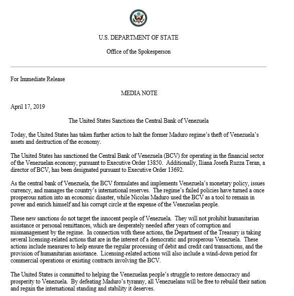 The U.S. has sanctioned the Venezuelan Central Bank (BCV) & Director Iliana Josefa Ruzza. This action will hinder former Maduro regime’s use of BCV to move money in & out of #Venezuela via the U.S., stopping further theft of assets & destruction of the economy. 