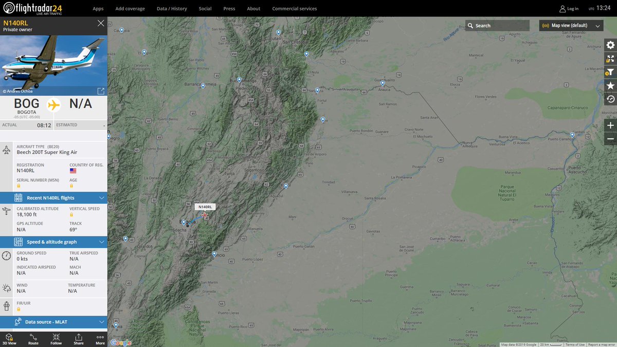 ISR PLATFORMS LLC Beech 200T Super King Air N140RL heading East from El dorado Bogota   