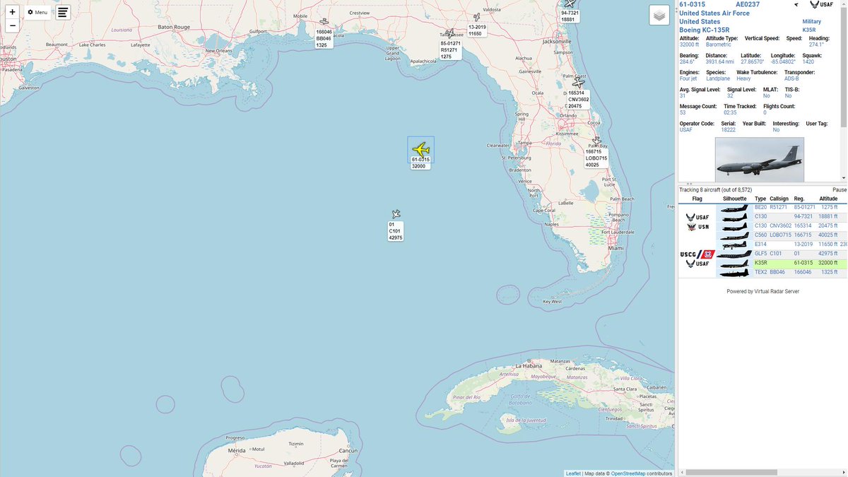 USAF KC-135R 61-0315 westbound over the Gulf of Mexico (Rivet Joint heading South probably)