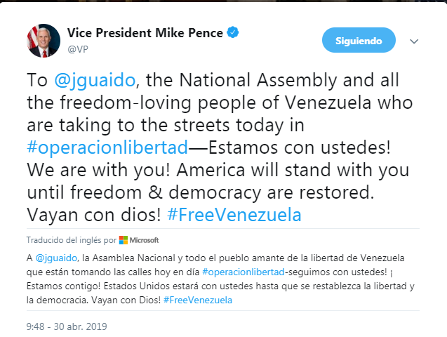 @VP: A @jguaido, the National Assembly and all the people who love the freedom of Venezuela who are taking to the streets today, operation-freedom-we continue with you. Go with God.