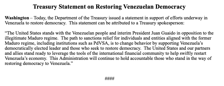 Statement issued by @USTreasury in support of efforts underway in Venezuela to restore democracy.   