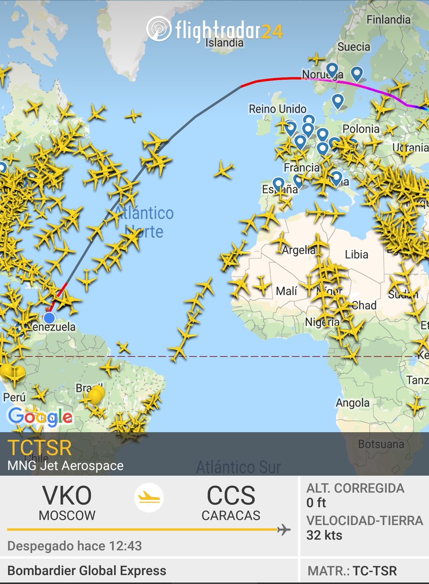Minutes ago (8:04 pm) a TC-TSR license jet from Moscow, Russia landed at the Maiquetía Int Airport. The plane took off at its airport at 7:22 am local time in Venezuela.