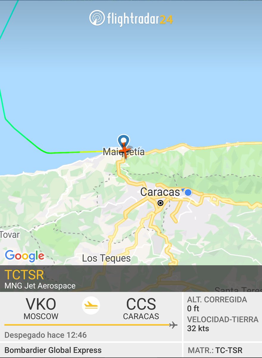 Minutes ago (8:04 pm) a TC-TSR license jet from Moscow, Russia landed at the Maiquetía Int Airport. The plane took off at its airport at 7:22 am local time in Venezuela.