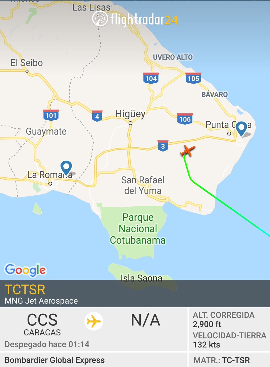 The Turkish-registered TC-TSR aircraft, which landed in Maiquetía at 8:04 pm, took off at 9:12 pm (local time in Venezuela) and is minutes away from landing at the Int Airport in Punta Cana, Rep. Dominican, She was on Venezuelan soil for just one hour.