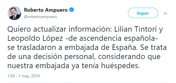 Leopoldo López leaves the Embassy of Chile in Venezuela and moves with his family to Spanish one, according to the Minister of Foreign Affairs of Chile 