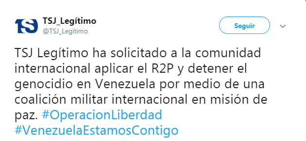 Venezuela Supreme Court in exile requested the international community to apply the R2P and stop the genocide in Venezuela through an international military coalition on a peace mission.