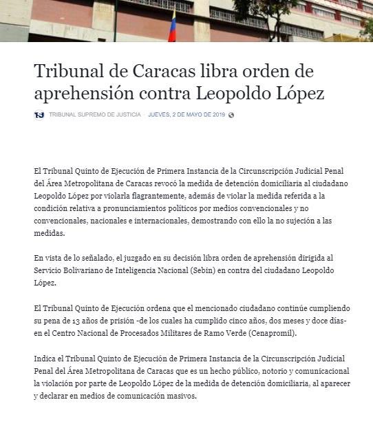 Caracas Court issues arrest warrant against @leopoldolopez who is in the residence of the Ambassador of Spain in Caracas.