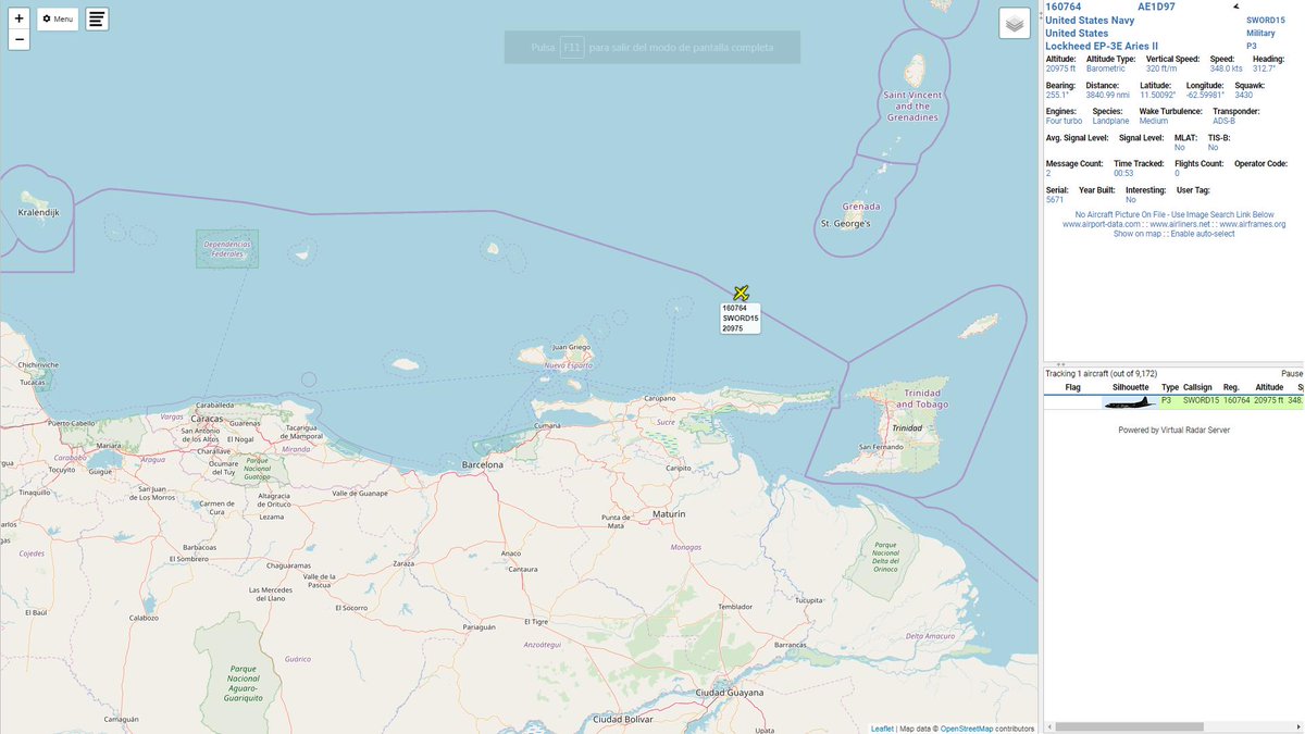 US Navy  EP-3E Aries II SWORD15 tracking off the coast of Venezuela   
