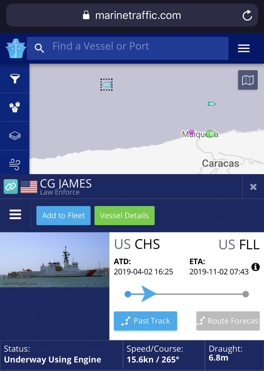 1:20am Guarda Costas estadounidense CG James realiza navegación en la zona económica exclusiva de Venezuela a 18 millas náuticas del Puerto La Guaira. Es registrado por marinetraffic. 10May   