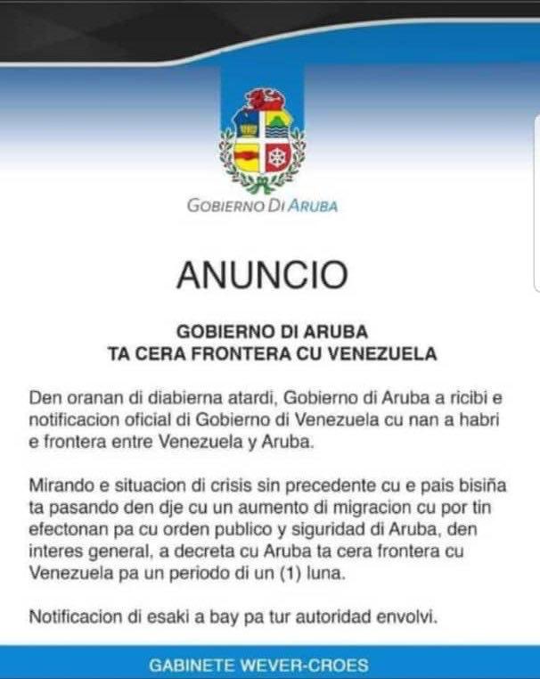 Aruba will keep its border with Venezuela closed for fear of migration