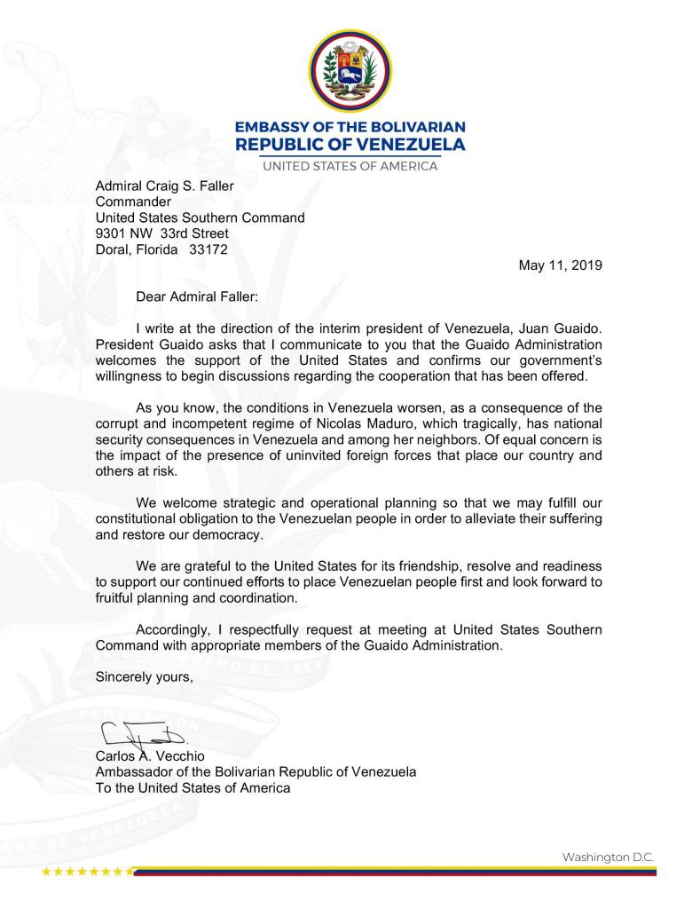 The administration of Interim President ⁦@jguaido⁩ has officially requested the support of ⁦@Southcom⁩ in strategic and operational planning   