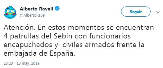 A group of four Sebin patrols with officials and armed civilians are surrounding the Spanish embassy in Caracas, where the political leader @leopoldolopez is staying as a guest.