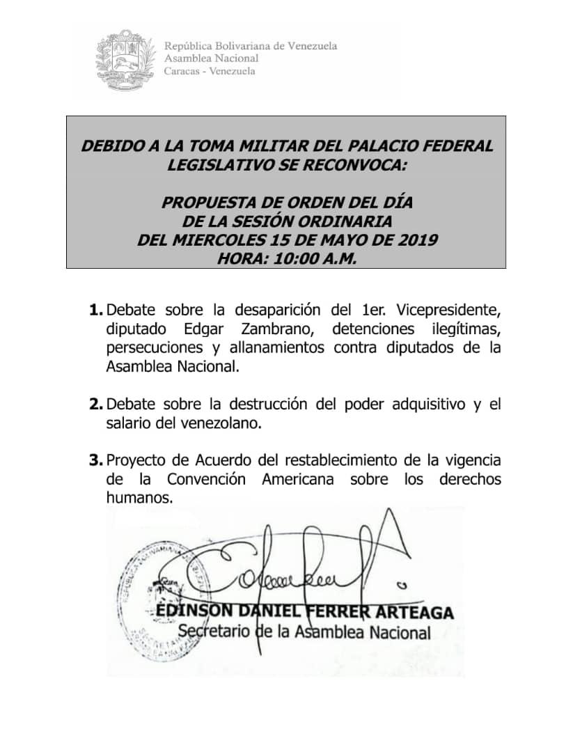 National Assembly postpones for this Wednesday the session scheduled for today after the Maduro's security forces the Federal Legislative Palace