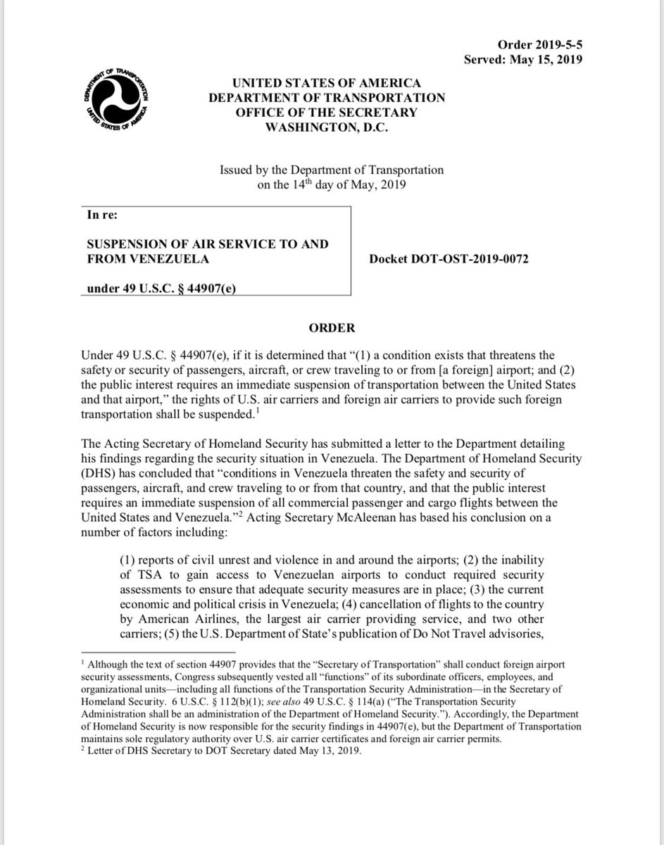 The US suspends all air operations between Venezuela and the US, including Venezuelan license plates. The order issued today suspends permits from all US and foreign air operators to provide service to and from Venezuela.