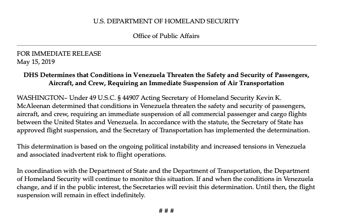 .@DHSgov statement on Venezuela flights  
