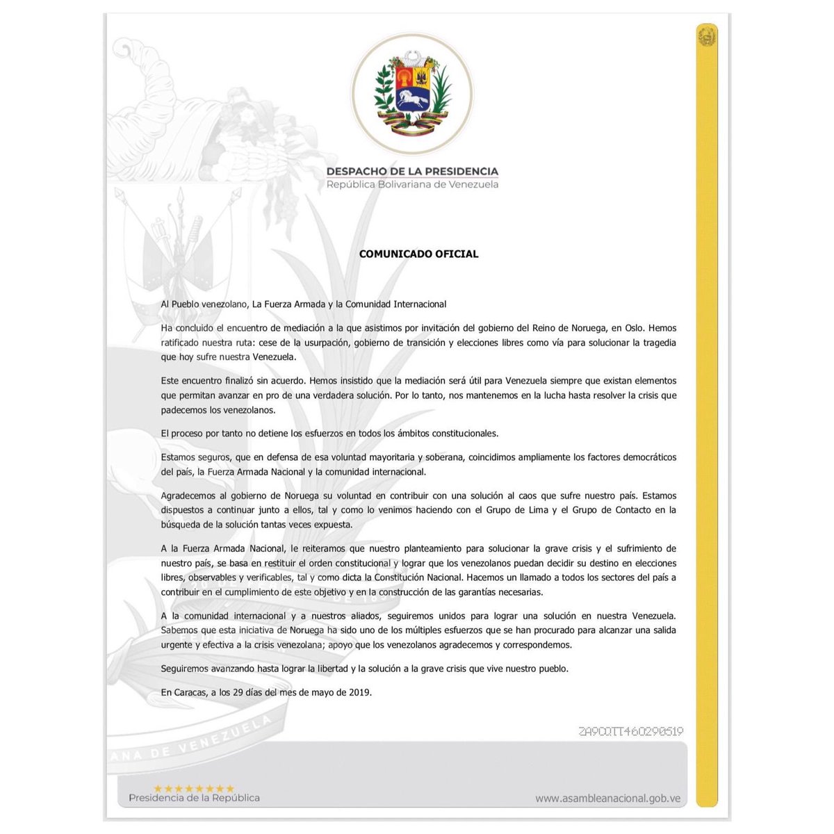 The Acting President of Venezuela, @jguaido reported that the mediation meeting they attended at the invitation of the government of the Kingdom of Norway in Oslo has concluded without any agreement