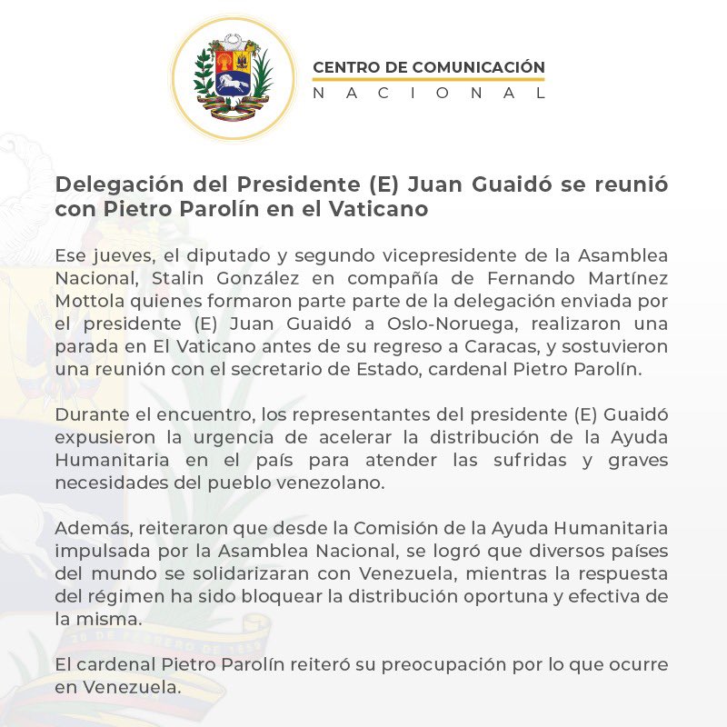 Delegation of the Acting President of the Republic, @jguaido met with the Secretary of State of the Vatican, Cardinal Pietro Parolin