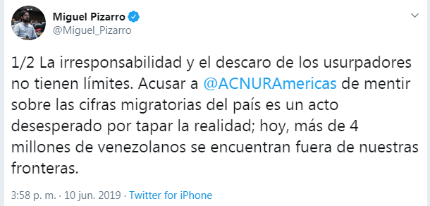 MP @Miguel_Pizarro spoke on statements by Maduro's foreign minister, Jorge Arreaza, who accused Acnur of lying about the figures of four million Venezuelan migrants who have left the country in the past 41 months.