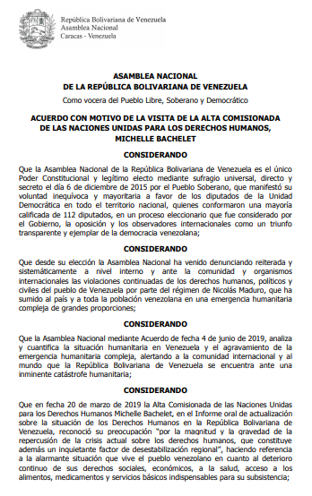 .@AsambleaVE approved requested the High Commissioner of the United Nations for Human Rights, his good offices for the release of the political prisoners of the government, among whom are, the deputy Edgar Zambrano and Juan Requesens.