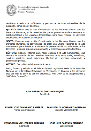 .@AsambleaVE approved requested the High Commissioner of the United Nations for Human Rights, his good offices for the release of the political prisoners of the government, among whom are, the deputy Edgar Zambrano and Juan Requesens.