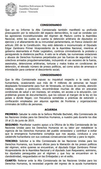 .@AsambleaVE approved requested the High Commissioner of the United Nations for Human Rights, his good offices for the release of the political prisoners of the government, among whom are, the deputy Edgar Zambrano and Juan Requesens.