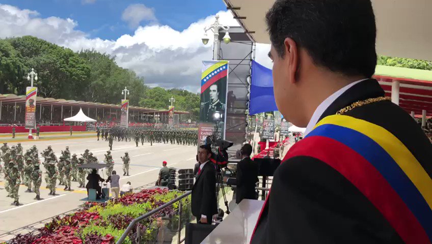 Maduro watches soldiers in parade today to mark anniversary of Venezuela's declaration of independence from Spain.   As they march, the second group of soldiers chant: We are socialists. Anti-imperialists. And also chavistas.   
