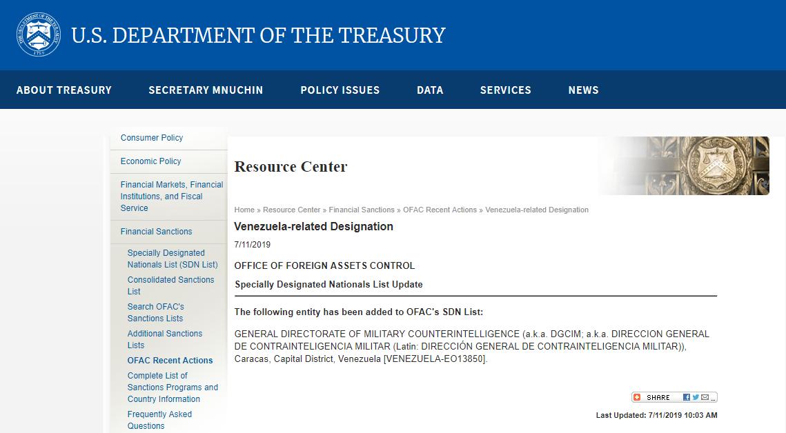 US Department of the Treasury sanctions the General Directorate of Military Counterintelligence (DGCIM), one of the bodies responsible for torture in Venezuela