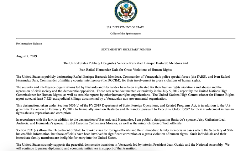 Venezuela police special forces and the commander of military counter intelligence designated by @StateDept for their involvement in gross violations of human rights.