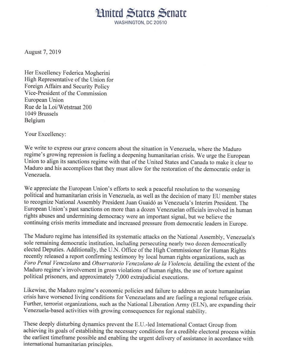 7 US senators have sent a letter to Federica Mogherini, the aHigh Representative of the Union for Foreign Affairs and Security Policy and Vice-President of the European Commission calling for the EU to increase its sanctions on Venezuela 