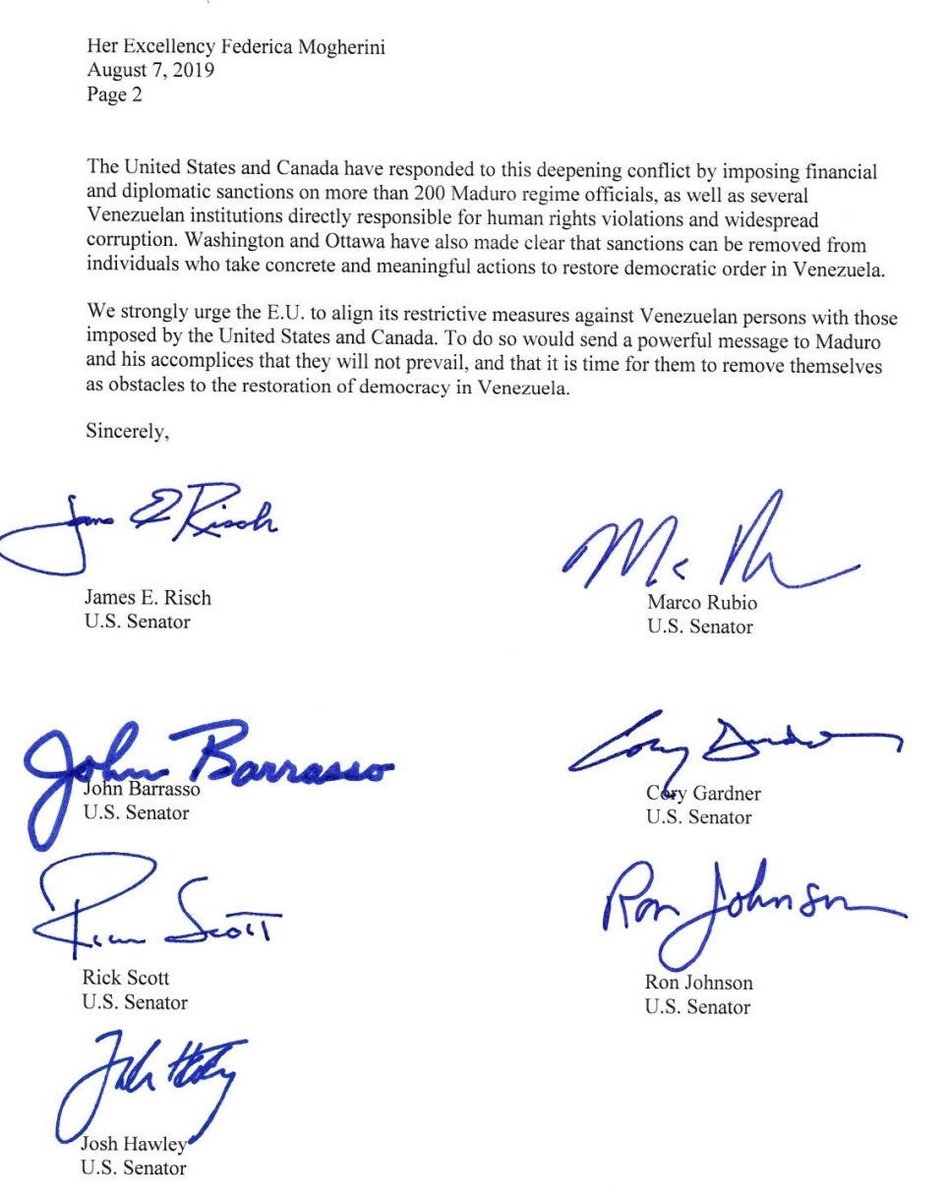 7 US senators have sent a letter to Federica Mogherini, the aHigh Representative of the Union for Foreign Affairs and Security Policy and Vice-President of the European Commission calling for the EU to increase its sanctions on Venezuela 