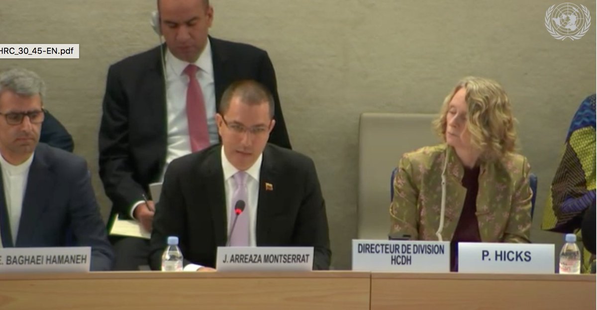 U.N.'s Human Rights Council held panel just to condemn Western sanctions on dictatorships.  On the dais:  Venezuela Foreign Minister Jorge Arreaza, Chair of NAM; Iran's UN rep; UNHRC's Jean Ziegler, founder of the Qaddafi Prize; UNHRC's Peggy Hicks, ex@HRW