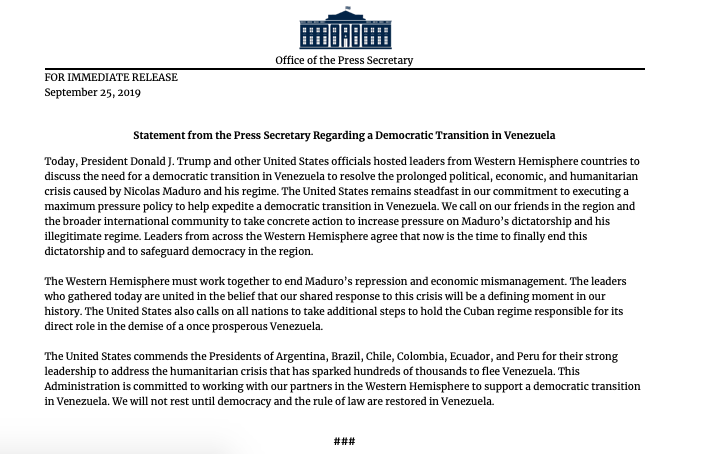Statement from @PressSec on Venezuela
