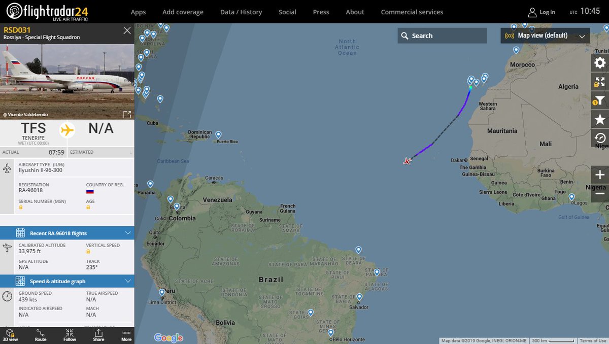 Spain allows refueling a VIP Russian air Force aircraft in Tenerife (possible en route to Venezuela)