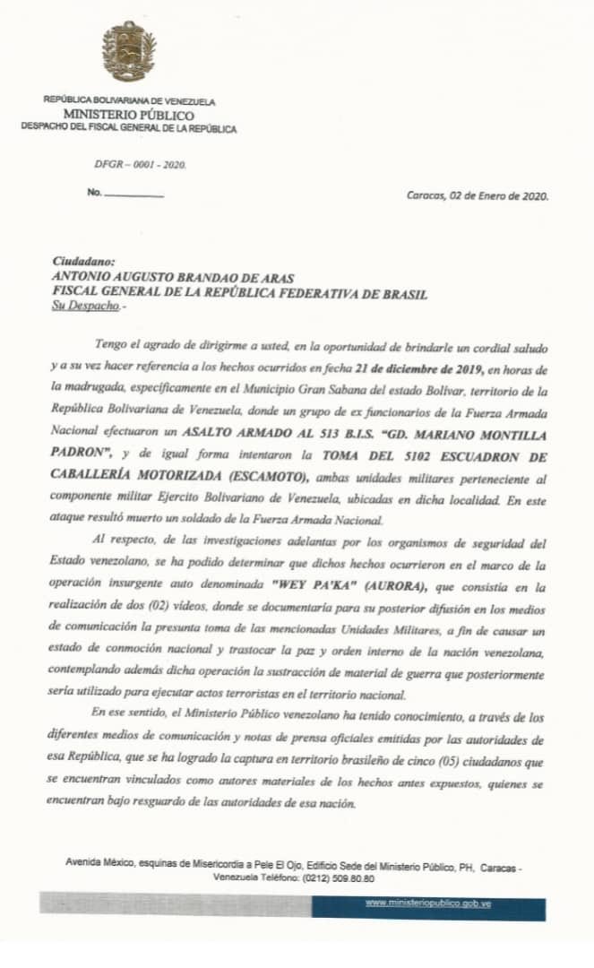 Venezuela has sent an extradition request to Brazil, requesting the extradition of 5 Venezuelan that took part in operation Aurora. Brazil last week said the 5 Venezuelans were being processed for Asylum in Brazil 