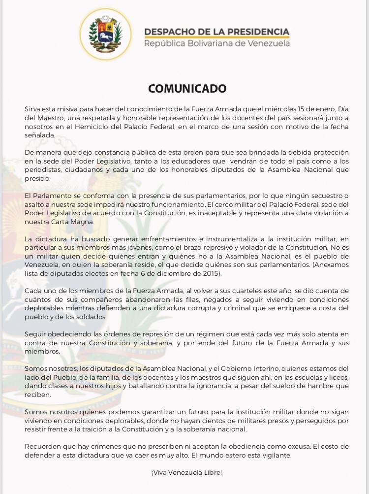 .@jguaido: Hago pública la misiva enviada al Gral. @vladimirpadrino C/C a los comandantes de cada componente, dejo constancia de la convocatoria de la sesión este 15Ene en la sede de la AN. Es el pueblo con su voto y la constitución quien decide quién entra al parlamento