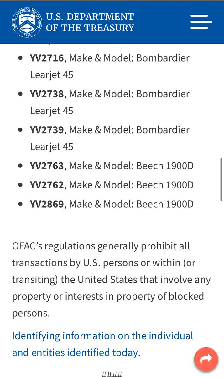 The United States treasury department has sanctioned 15 aircraft owned by PDVSA. These aircraft are often used to transport senior officials in Maduros government 