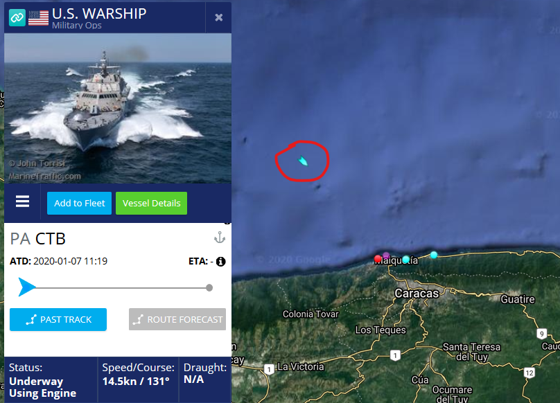 US Navy Freedom class Littoral Combat Ship, USS Detroit currently only 26.5 nautical miles off the coast of Caracas Venezuela