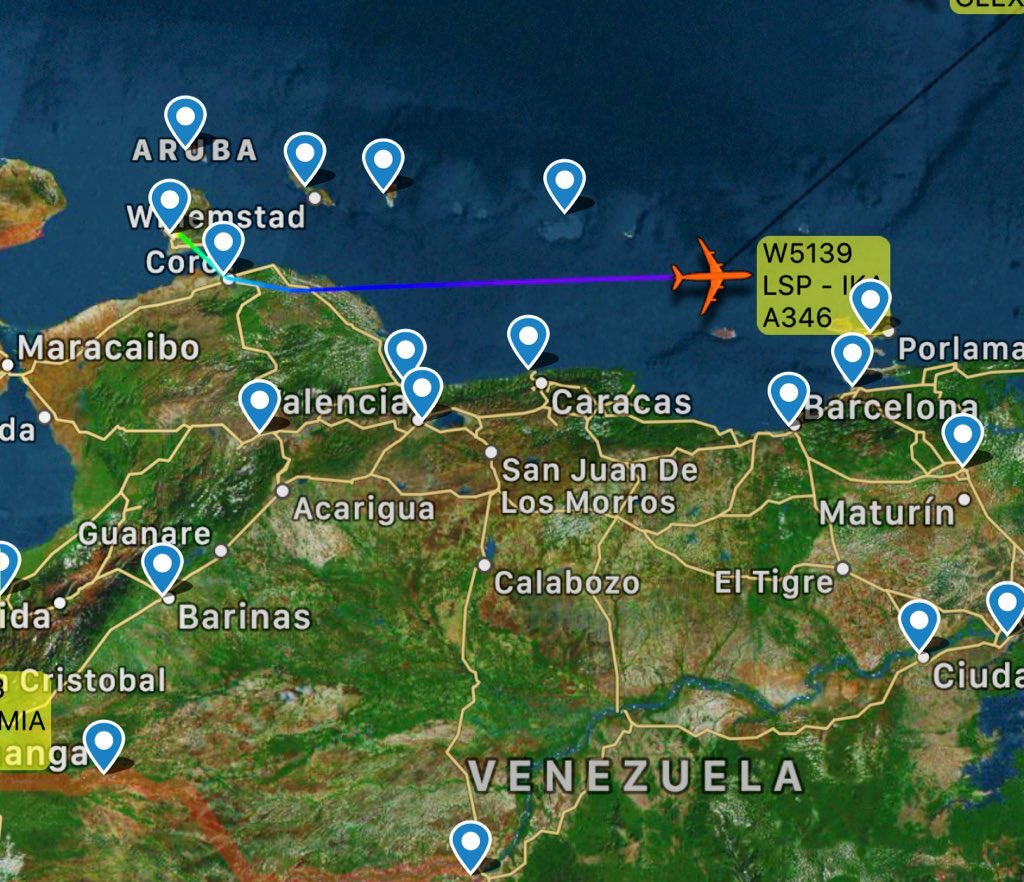 Mahan Air A340 is climbing out of Las Piedras Josefa Camejo en route to Tehran Imam Khomeini: Venezuela has received refining materials from Iran to help it start the catalytic cracking unit at 310,000 barrels/day Cardon refinery, which is necessary to produce gasoline 