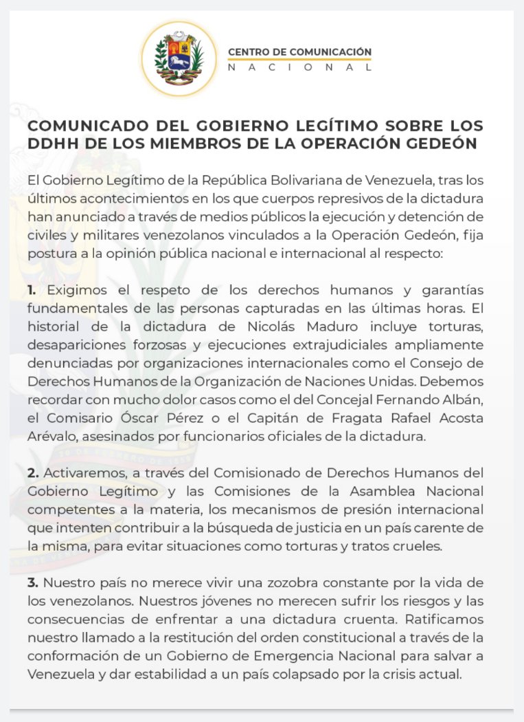 The interim government of @jguaido demands respect for the human rights and fundamental guarantees of the members of the Gideon operation who have been detained. They announce that they will activate international mechanisms to avoid torture and cruel treatment.