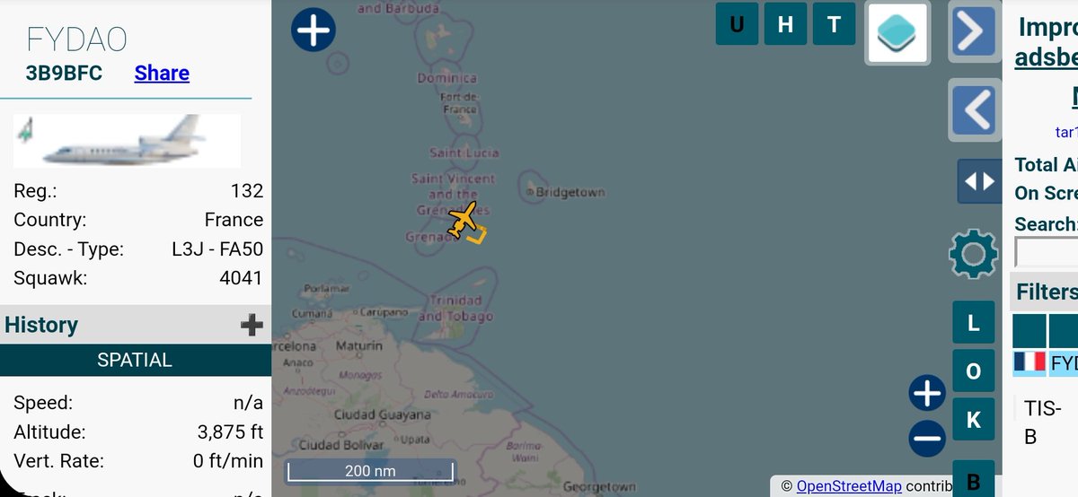 French Navy Dassault Falcon 50 spotted off the coast of Grenada.  FYDAO is reg. 132, ICAO 3B9BFC. Tentatively considering this flight is related to ongoing counternarcotics ops in the Caribbean. The French Naval Aviation (L'Aeronavale) has 8 of these aircraft in a patrol role