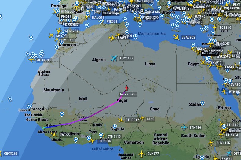 Haftar LNA associated Dassault Falcon 900 P4RMA is returning to Libya from Caracas Simón Bolívar Maiquetía Venezuela  Conakry Gbessia, flying thru Niger & over Sahara. The plane might have gone to Al Jufra AFB, 9 kilometres northeast of the desert city of Hun