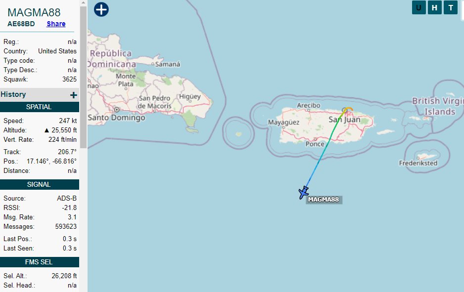 MAGMA88 USAF SOCOM presumed C146A out of San Juan, PuertoRico southbound. 1015z