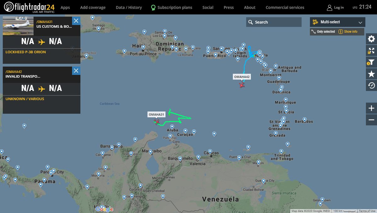 2x US Customs & Border Protection P-3B Orion OMAHA31/42 active over the Caribbean Sea