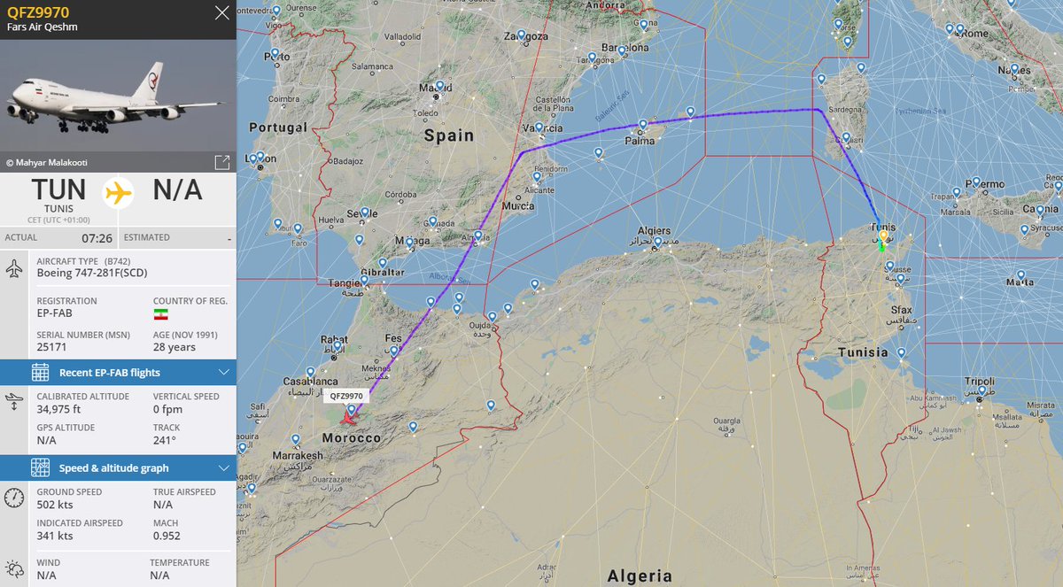 Looks like Algeria didn't want to deal with it, as the aircraft avioded its airspace. Iranian Qeshm Fars Air EP-FAB QFZ9970