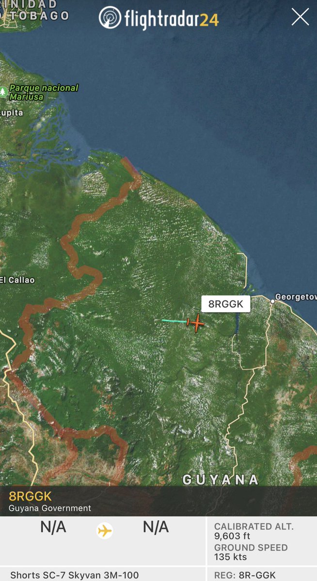 Guyana government aircraft returning to Georgetown, appears to be coming from Eteringbang, where the incident with the Venezuelan Air Force Su-30s occurred