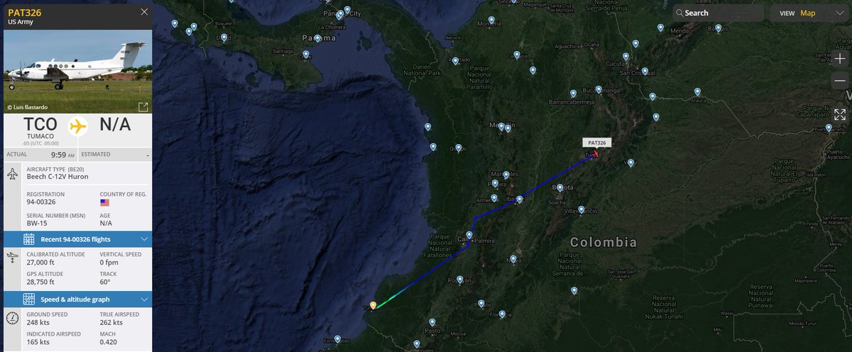 Flying towards Arauca is a USArmy.  Priority Air Transport (PAT326)