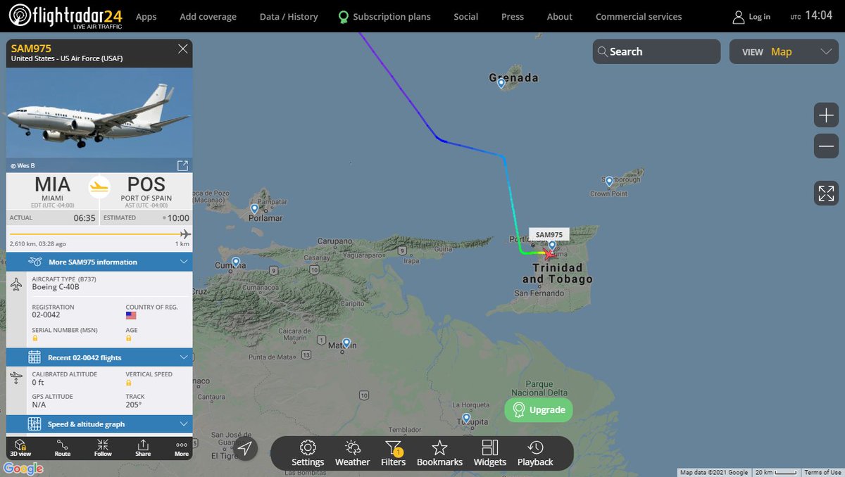 USAF VIP C-40B SAM975 inbound Port of Spain Trinidad and Tobago,  SOUTHCOM commander Admiral Craig S. Faller