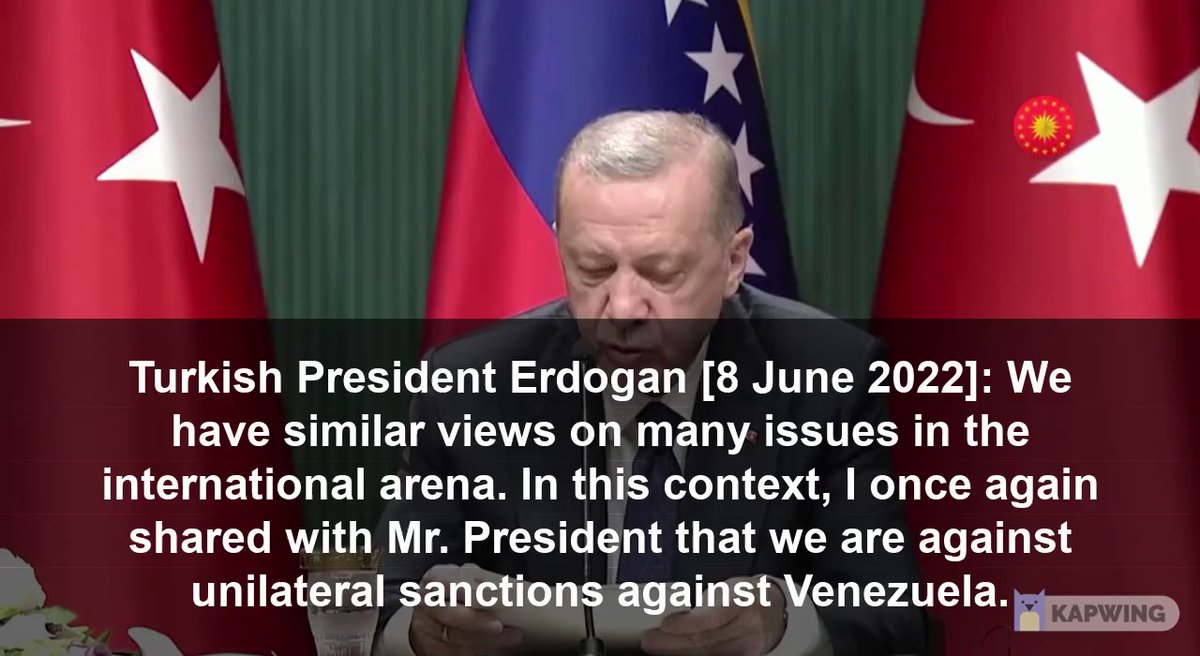 Turkey's President Erdogan hailed visiting Venezuela President today, said he shares similar views with Maduro on many global issues, reiterated Turkey's opposition to sanctions, and pledged his govt's continuous support to Venezuela government